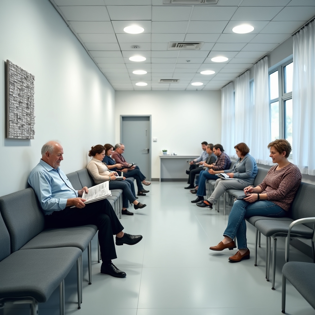 Modern Polish clinic waiting room with rows of seating, patients waiting, clean white walls and numbered ticket display system