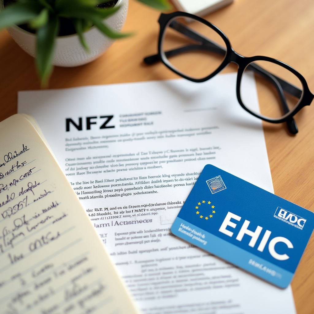 NFZ insurance documents and a Polish health card laid on a wooden desk with reading glasses nearby