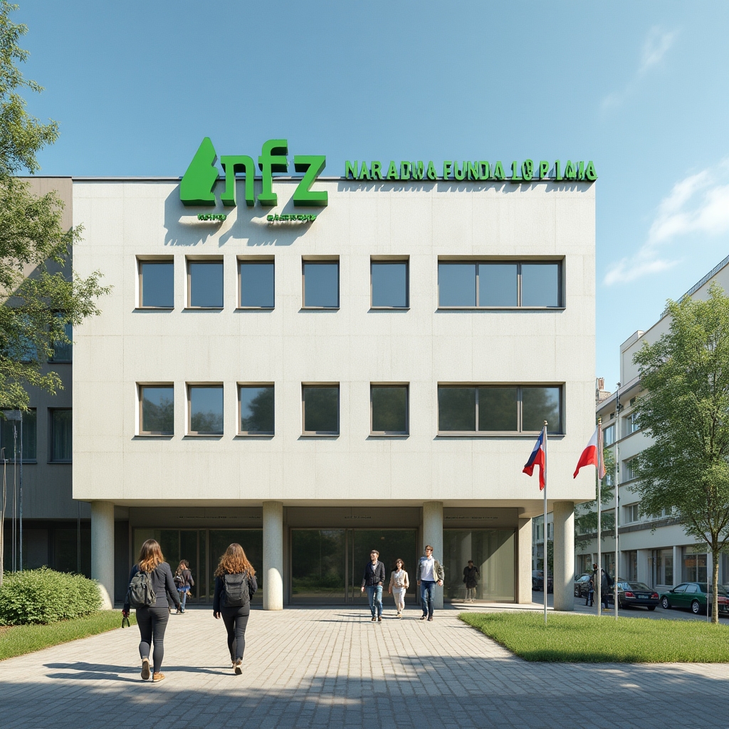 NFZ Narodowy Fundusz Zdrowia regional office building exterior in Poland, official signage, people entering, sunny day