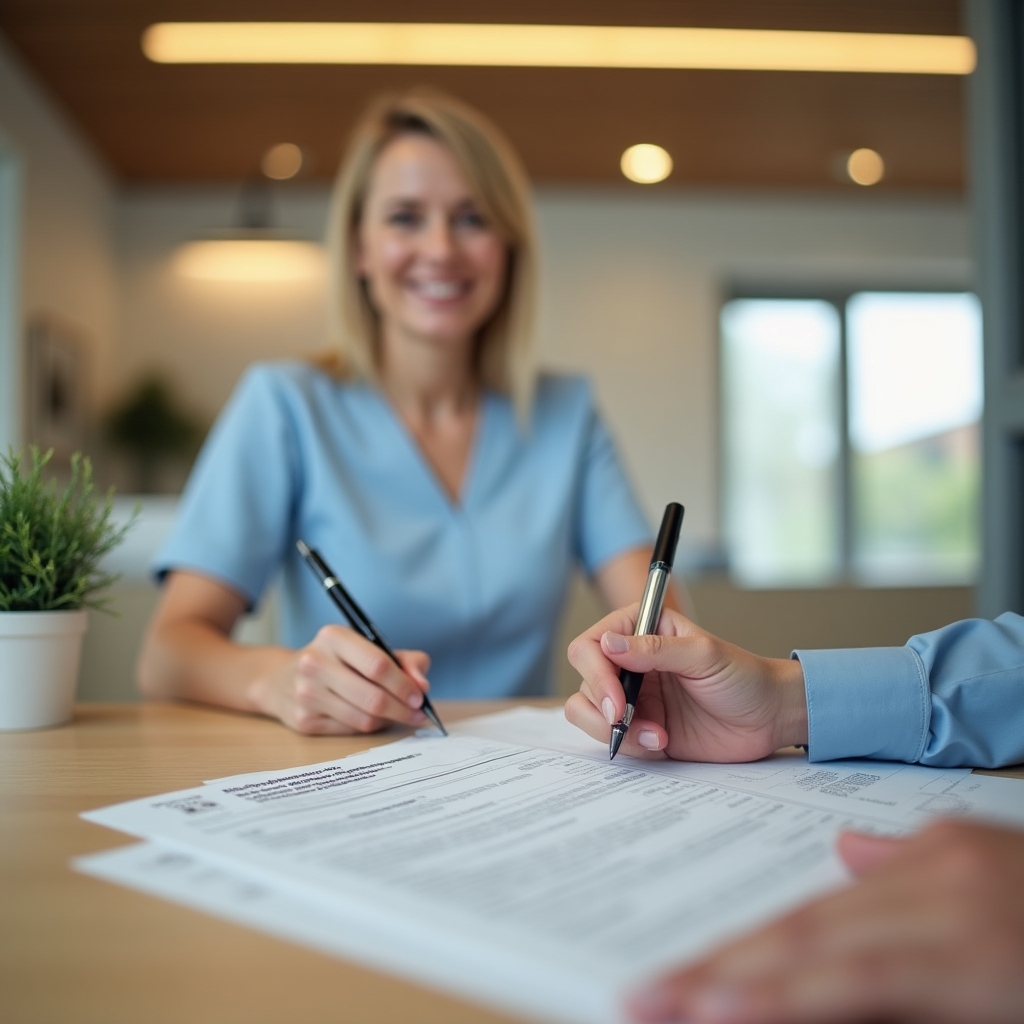Person completing patient registration form at a Polish clinic front desk, reception staff visible in background