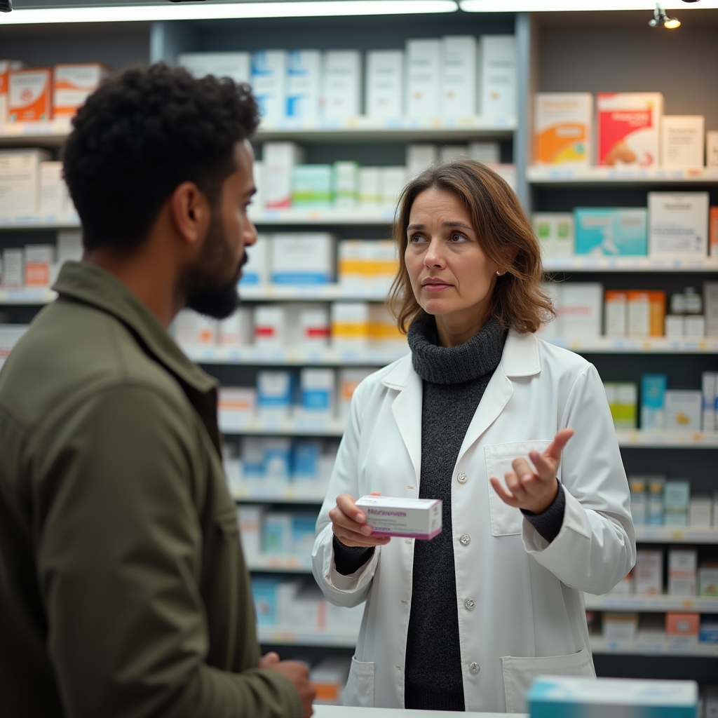 Friendly Polish pharmacist in white coat helping an international customer at the pharmacy counter, pointing to medication packaging