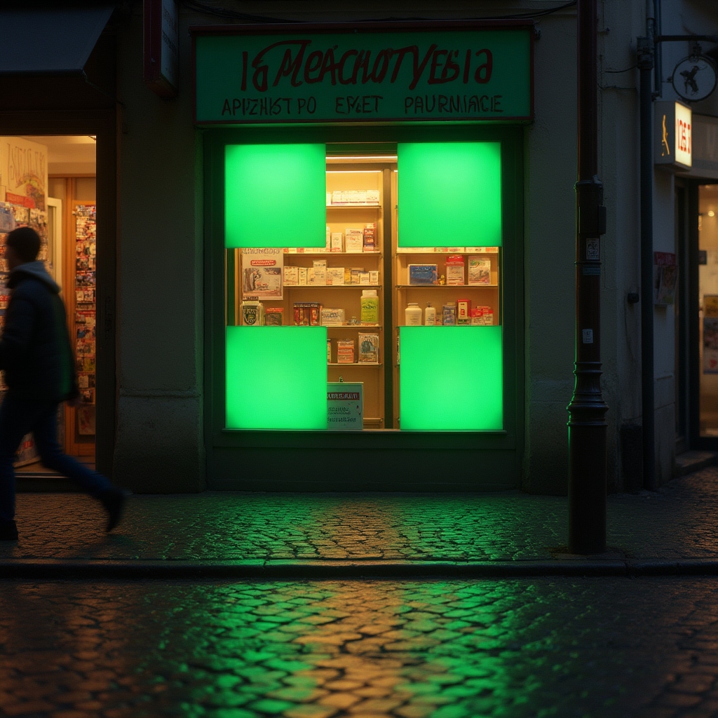 Polish apteka pharmacy with illuminated green cross sign on a city street at golden hour, warm light reflecting on wet pavement