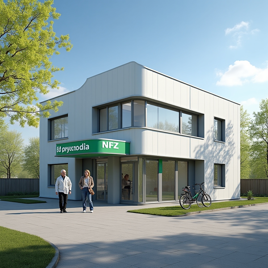 Modern Polish primary care clinic exterior on a sunny day, green NFZ signage visible above the entrance, patients entering