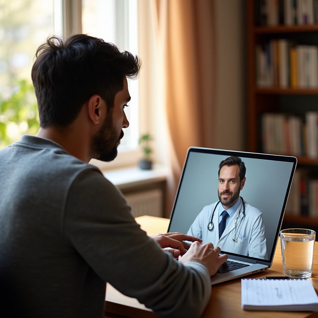 Person in a bright home office having a video consultation with a doctor on laptop screen, warm afternoon light, relaxed professional setting